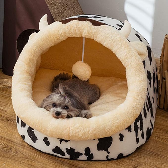 Cat Bed with Cow Design Featuring Ears and Horns for Comfortable Rest