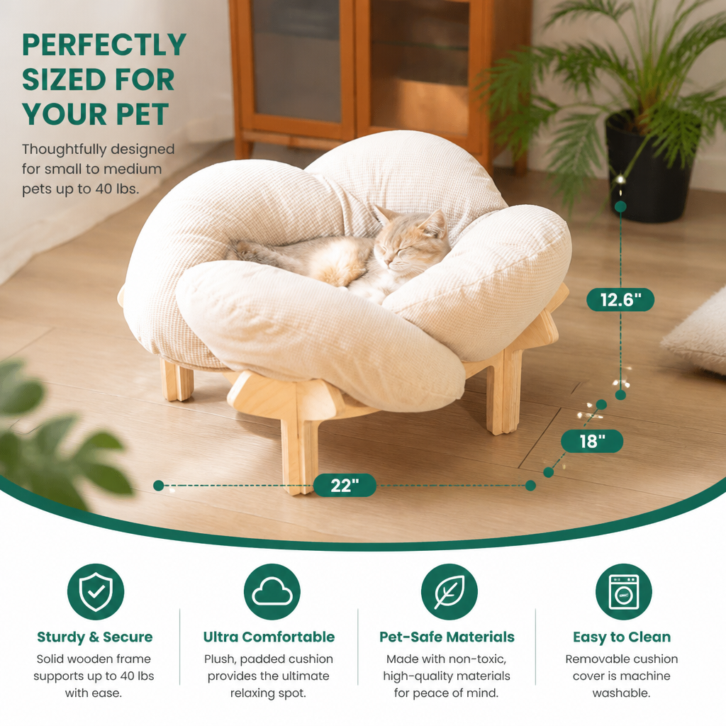 Luxury Elevated Wooden Flower Pet Bed with Plush Cushion
