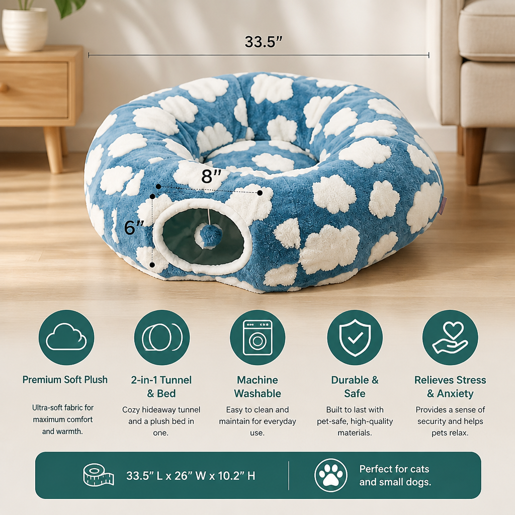 Fluffy 2-in-1 Pet Play Tunnel & Calming Bed with Cozy Blanket and Peekaboo Hole