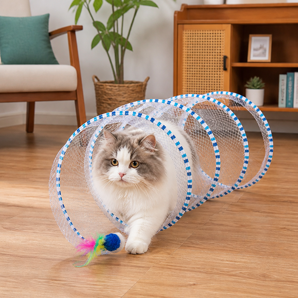 Collapsible Spiral Cat Play Tunnel with Feather Bells