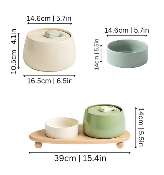 Elegant Feeding Station With Ceramic Bowls And Wooden Base
