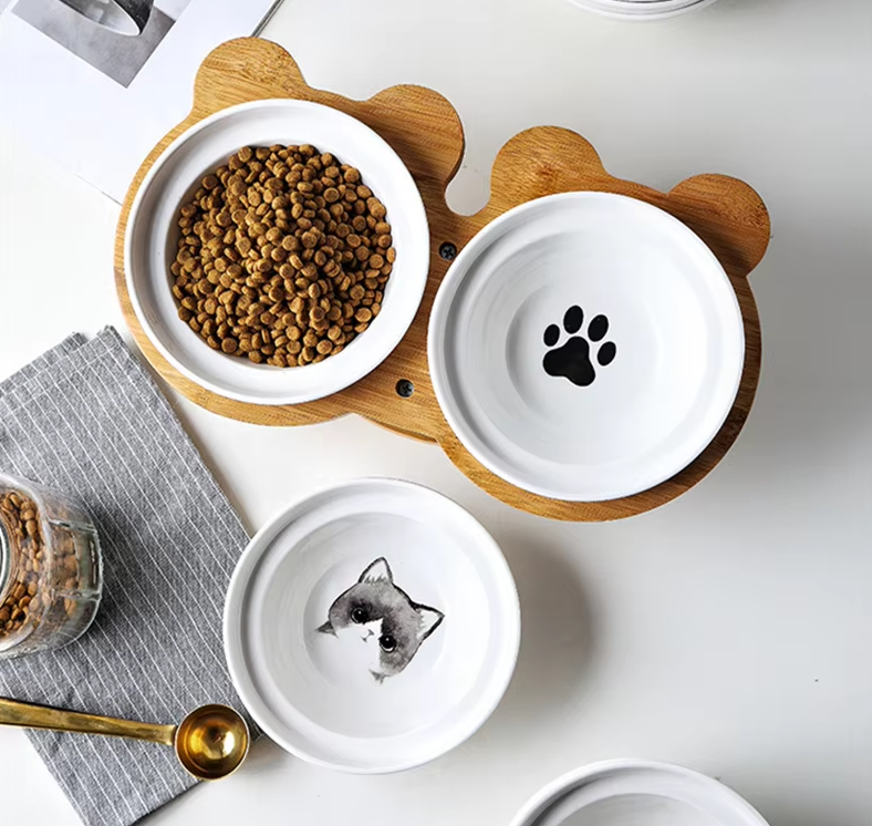 Elevated Cat Bowl - Double Ceramic Bowl with Bamboo Stand