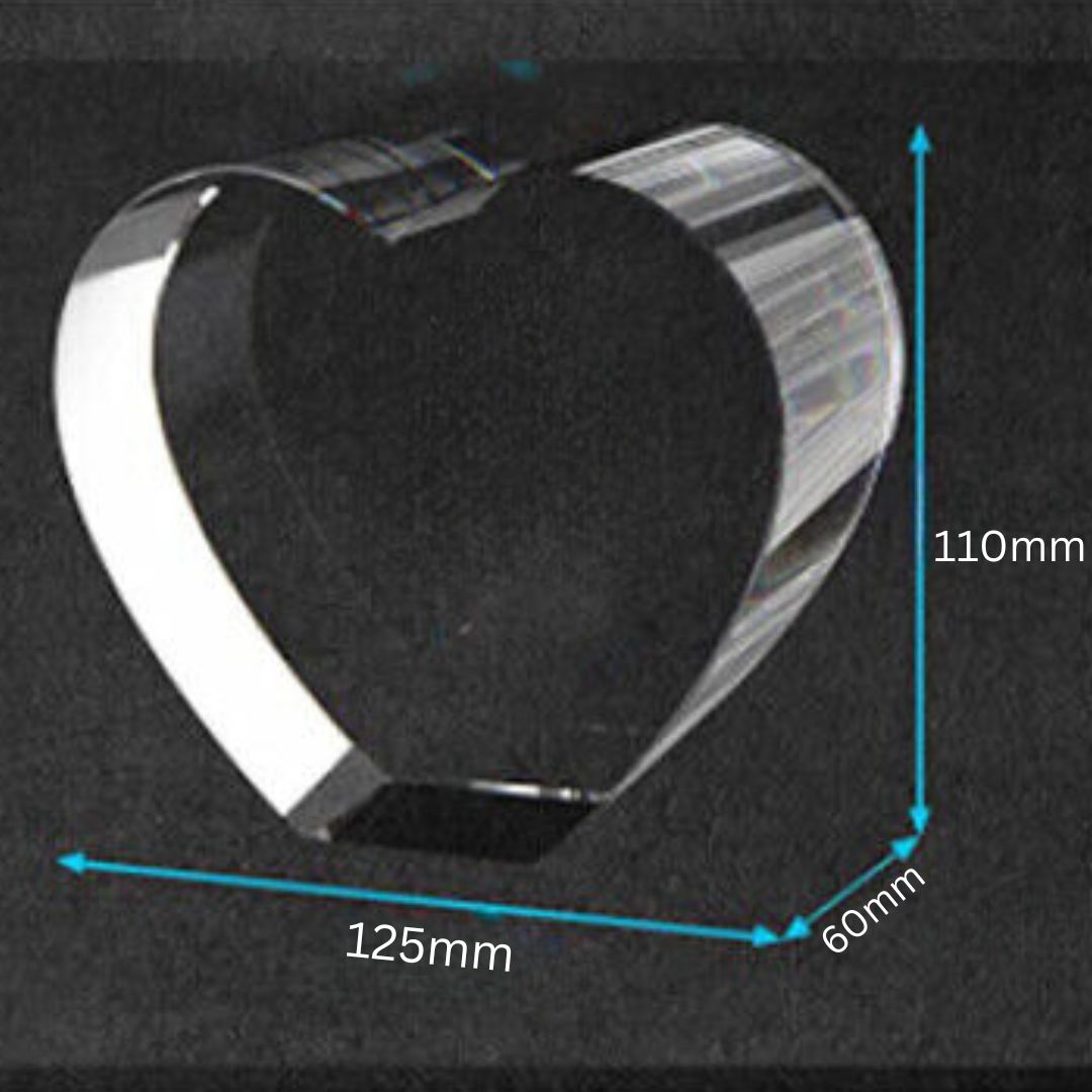 Custom 2D/3D Crystal Souvenir with Laser Engraving in the Shape of a Heart.