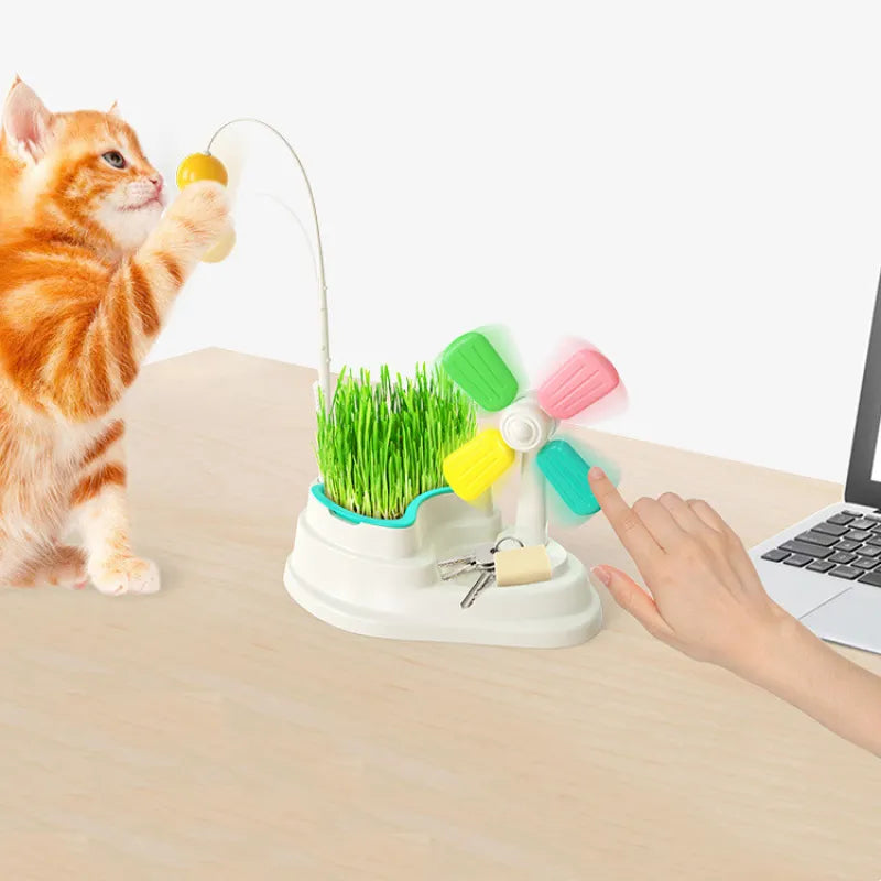 Interactive Cat Toys – Pinwheel with Ball and Grass Base to Stimulate the Mind