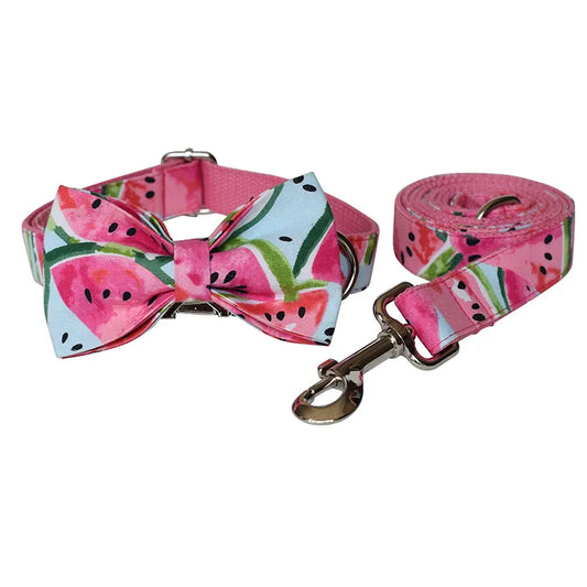 Dog Collar with Bow and Watermelon-Shaped Leash - Adjustable and Comfortable