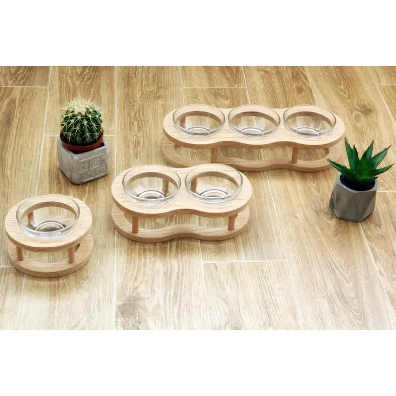 Elevated Wooden and Glass Bowl for Dogs and Cats with Non-Slip Stand