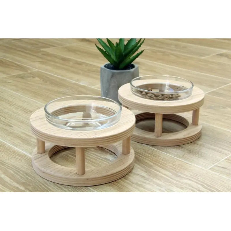 Elevated Wooden and Glass Bowl for Dogs and Cats with Non-Slip Stand