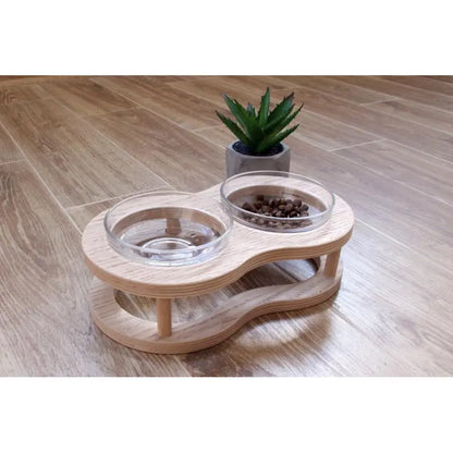 Elevated Wooden and Glass Bowl for Dogs and Cats with Non-Slip Stand