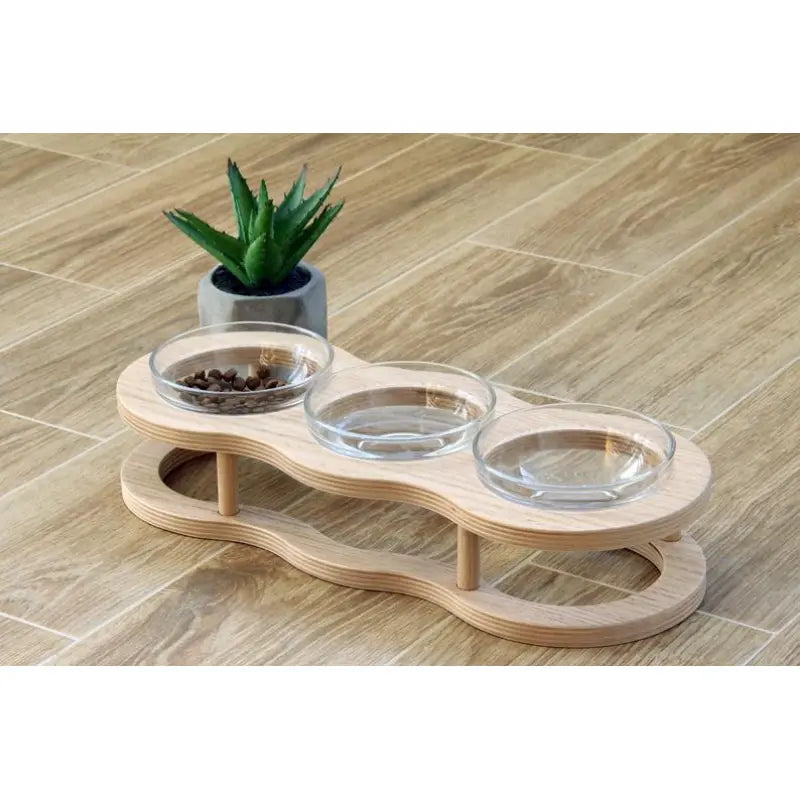 Elevated Wooden and Glass Bowl for Dogs and Cats with Non-Slip Stand