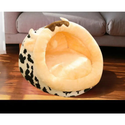 Cat Bed with Cow Design Featuring Ears and Horns for Comfortable Rest