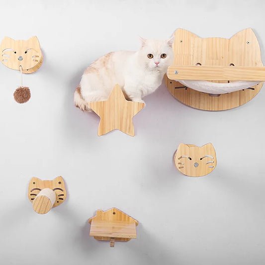 Wooden Wall Scratching Board for Cats in a Cat Head Design - Comfortable Resting Place and Toy