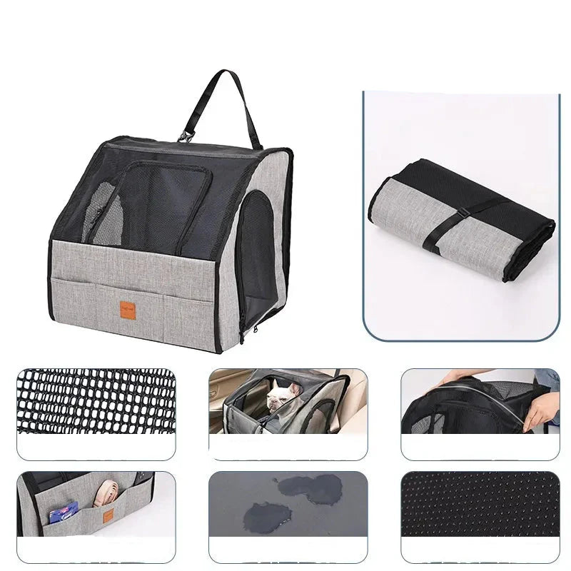 Safe Car Dog Seat – Foldable Pet Carrier with Mesh Windows and Harness System