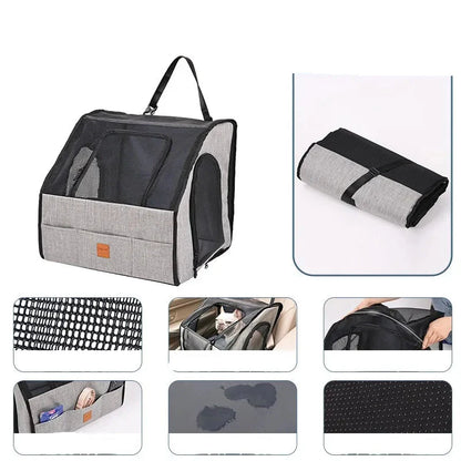 Safe Car Dog Seat – Foldable Pet Carrier with Mesh Windows and Harness System