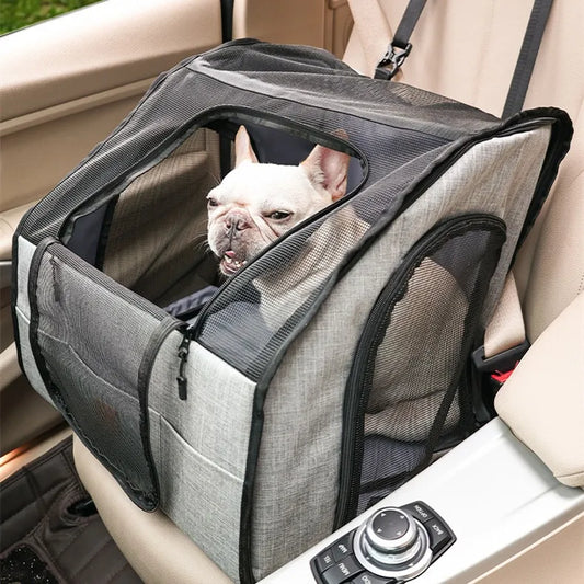 Safe Car Dog Seat – Foldable Pet Carrier with Mesh Windows and Harness System