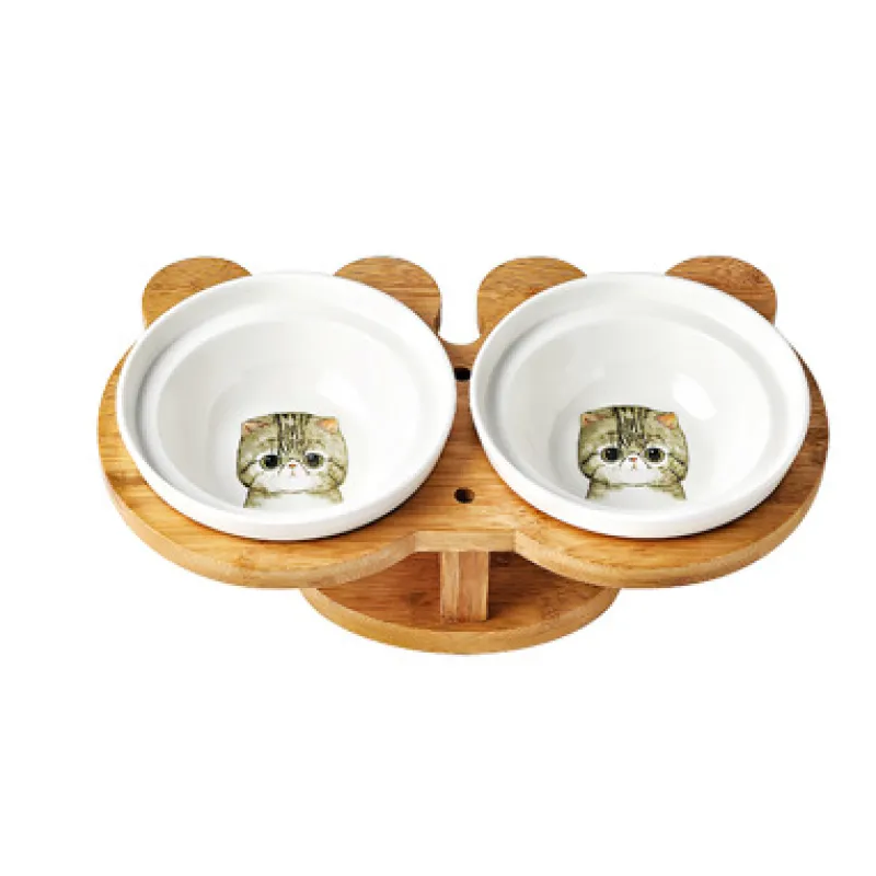 Elevated Cat Bowl - Double Ceramic Bowl with Bamboo Stand
