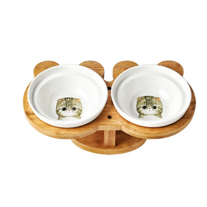 Elevated Cat Bowl - Double Ceramic Bowl with Bamboo Stand