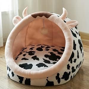Cat Bed with Cow Design Featuring Ears and Horns for Comfortable Rest