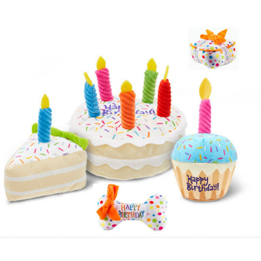 Birthday Dog Toys Set – Plush Cake, Cupcake & Bone with Squeaky Function