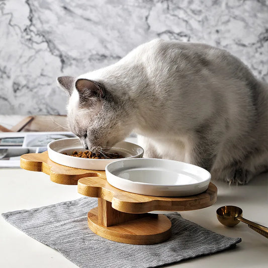Elevated Cat Bowl - Double Ceramic Bowl with Bamboo Stand