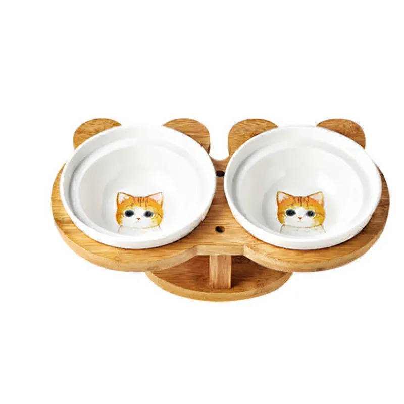 Elevated Cat Bowl - Double Ceramic Bowl with Bamboo Stand