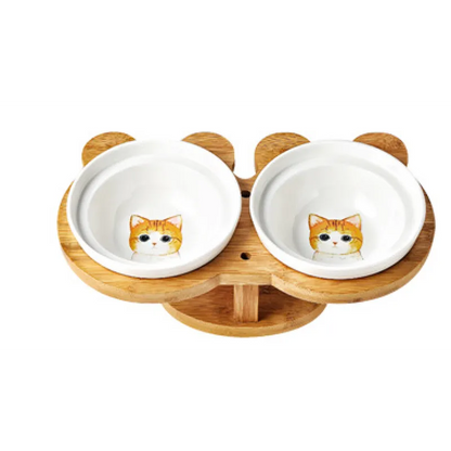 Elevated Cat Bowl - Double Ceramic Bowl with Bamboo Stand
