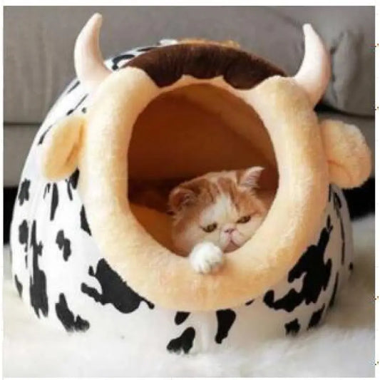 Cat Bed with Cow Design Featuring Ears and Horns for Comfortable Rest