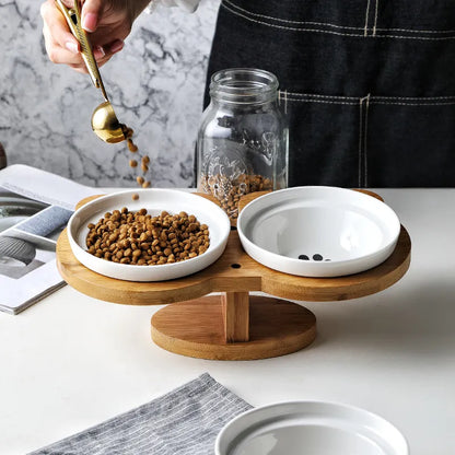 Elevated Cat Bowl - Double Ceramic Bowl with Bamboo Stand