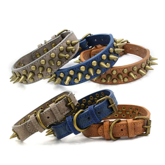 Leather Dog Collar with Rivets and Spikes in 3 Colours