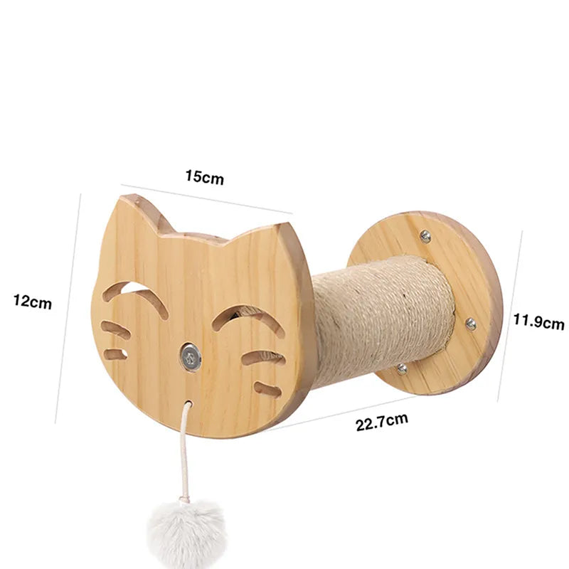 Wooden Wall Scratching Board for Cats in a Cat Head Design - Comfortable Resting Place and Toy