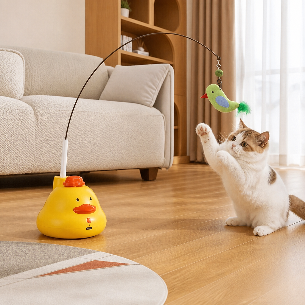Interactive Duck Wand Cat Toy with Moving Feather and Fun Chase Play