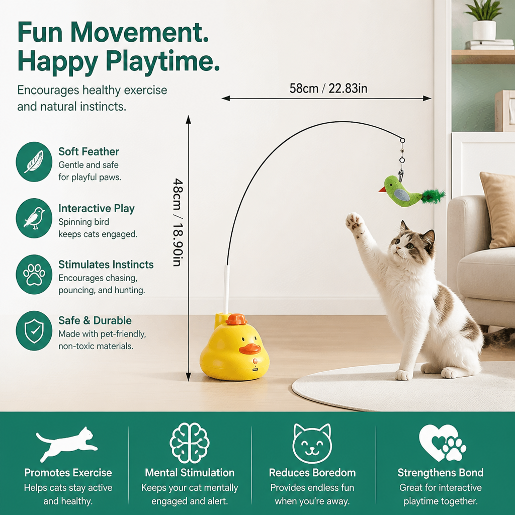 Interactive Duck Wand Cat Toy with Moving Feather and Fun Chase Play