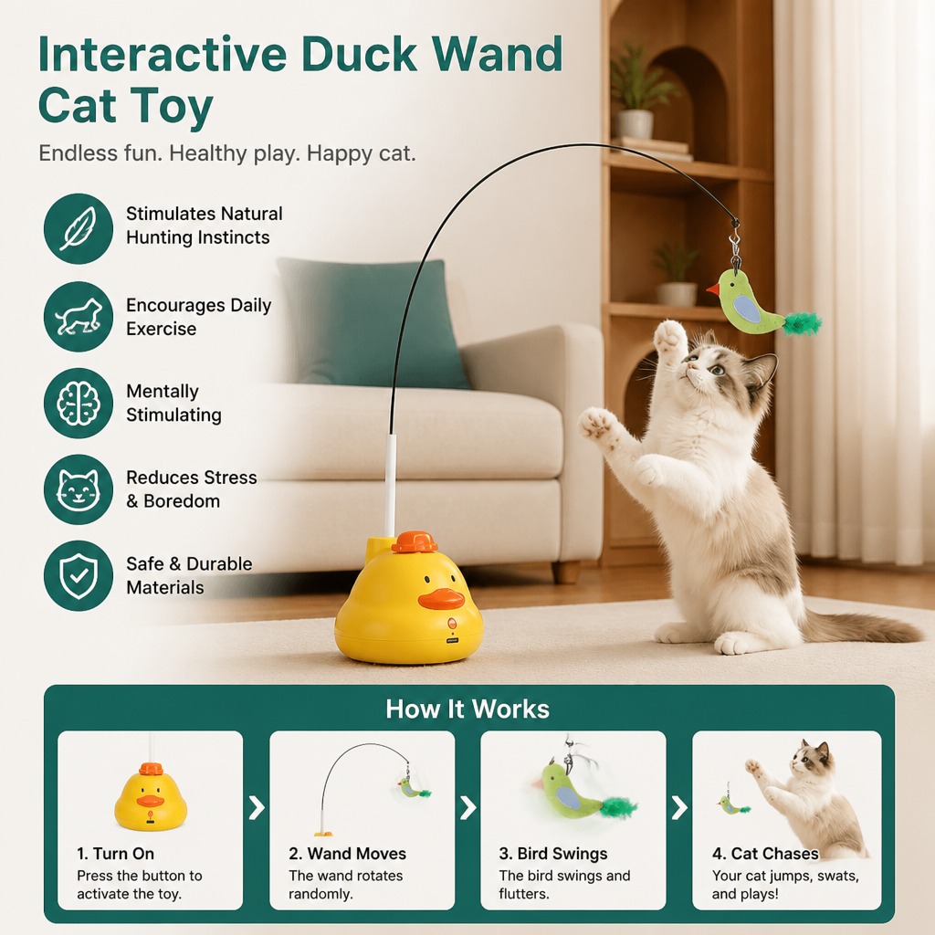 Interactive Duck Wand Cat Toy with Moving Feather and Fun Chase Play