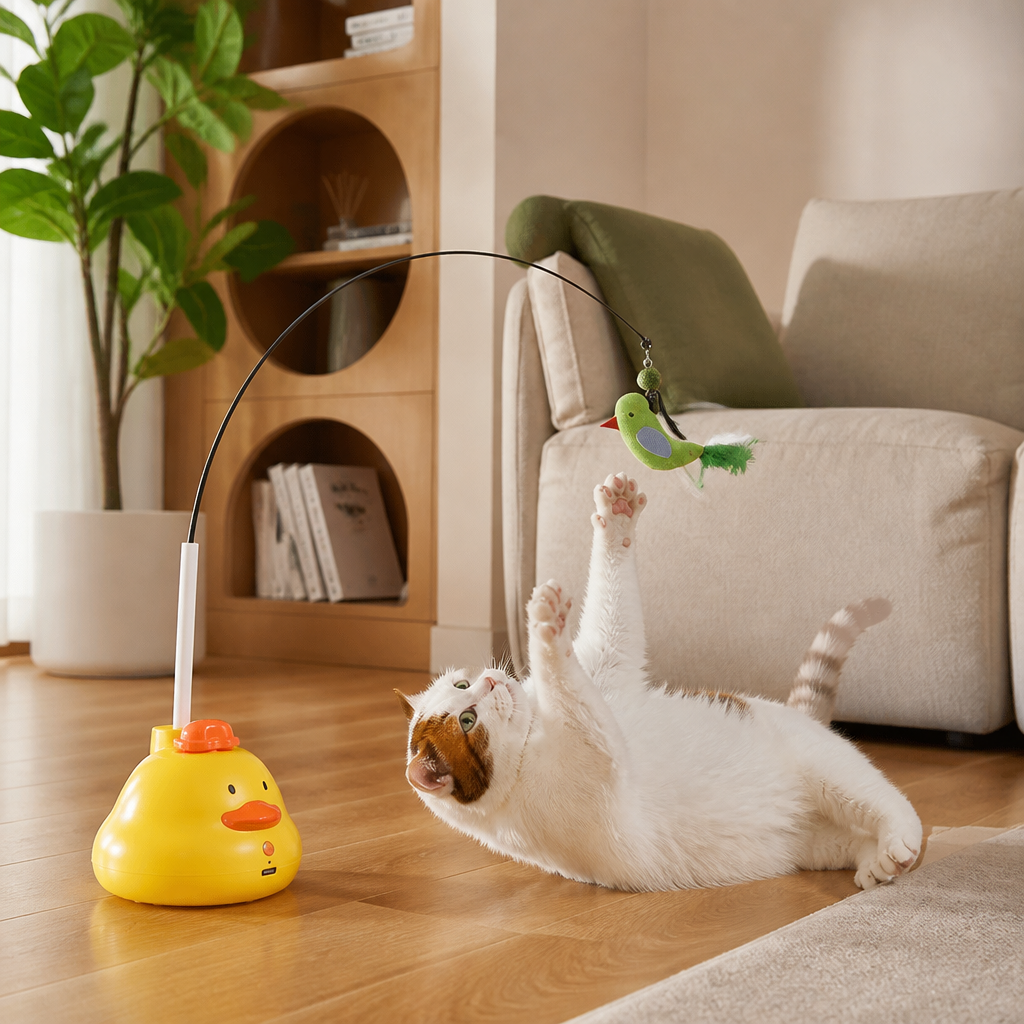 Interactive Duck Wand Cat Toy with Moving Feather and Fun Chase Play