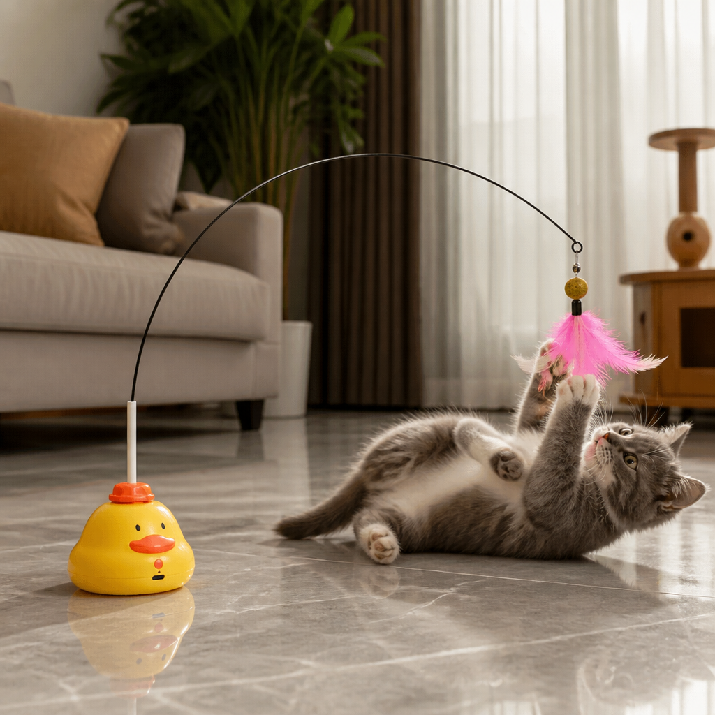 Interactive Duck Wand Cat Toy with Moving Feather and Fun Chase Play