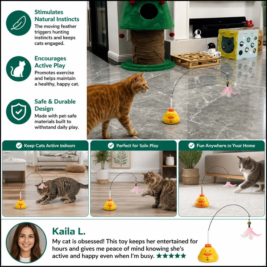 Interactive Duck Wand Cat Toy with Moving Feather and Fun Chase Play