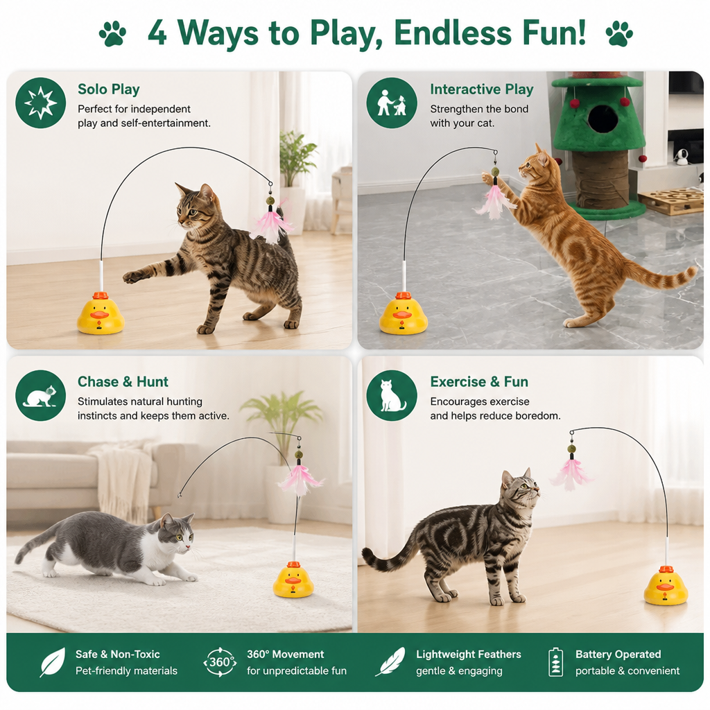 Interactive Duck Wand Cat Toy with Moving Feather and Fun Chase Play