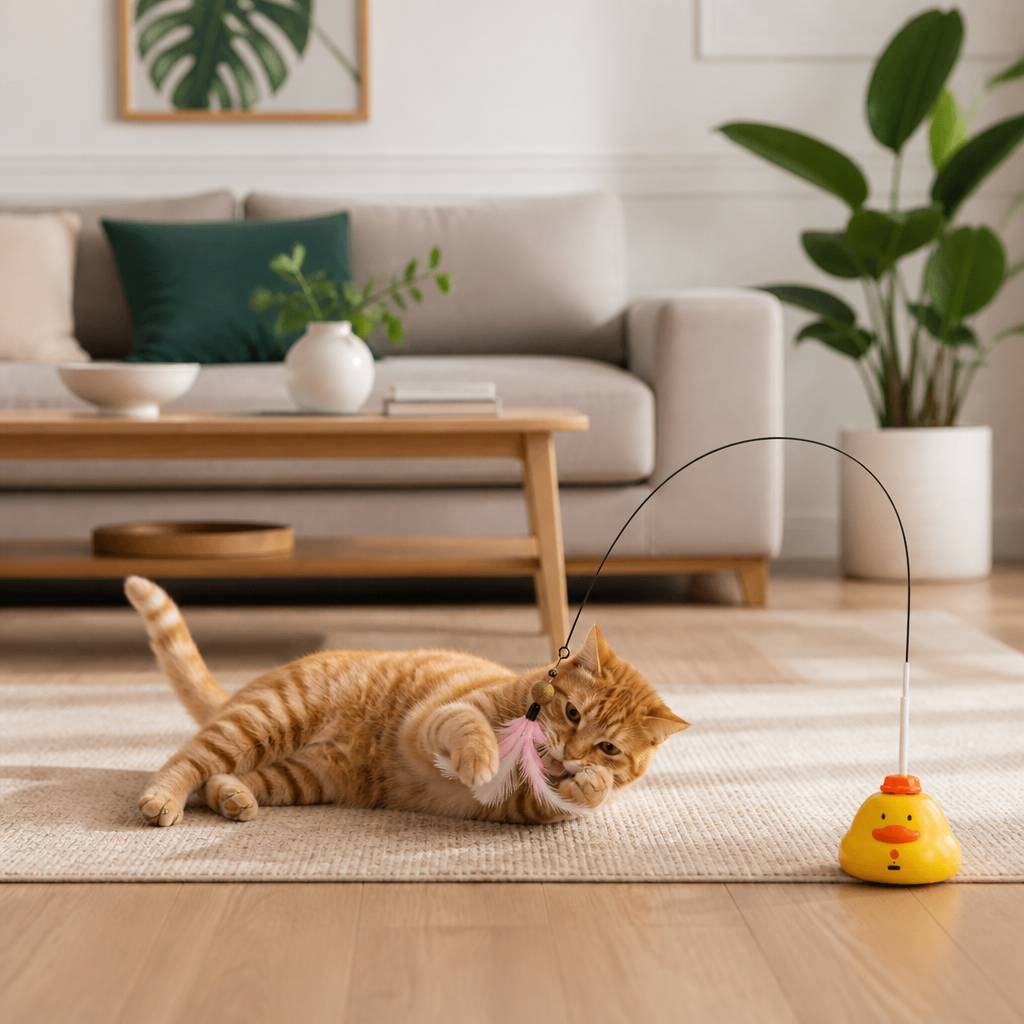 Interactive Duck Wand Cat Toy with Moving Feather and Fun Chase Play