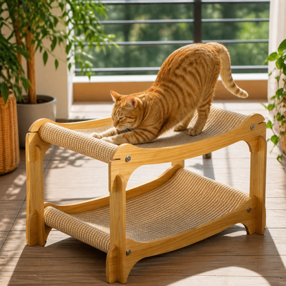 Wooden Double-Decker Cat Play & Lounge Bed with Sisal Scratching Ramp and Hanging Toys