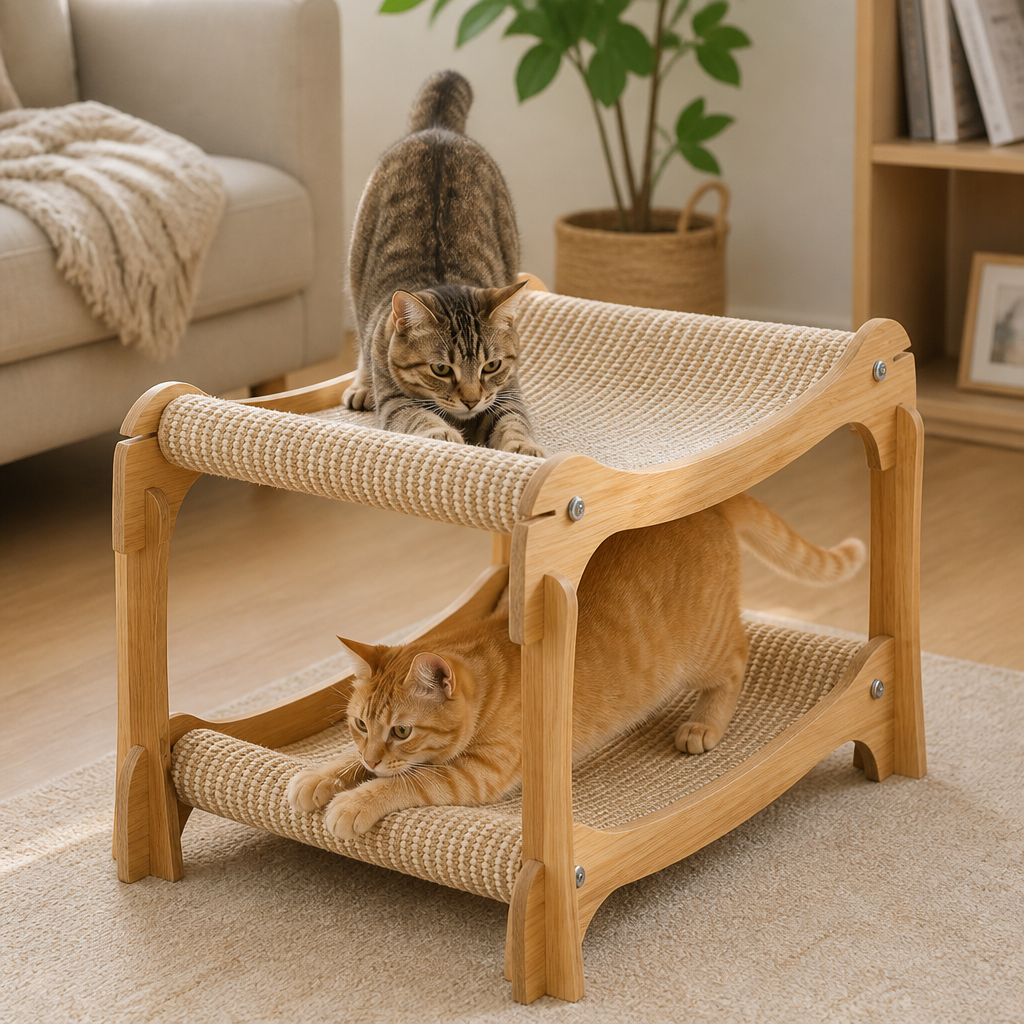 Wooden Double-Decker Cat Play & Lounge Bed with Sisal Scratching Ramp and Hanging Toys