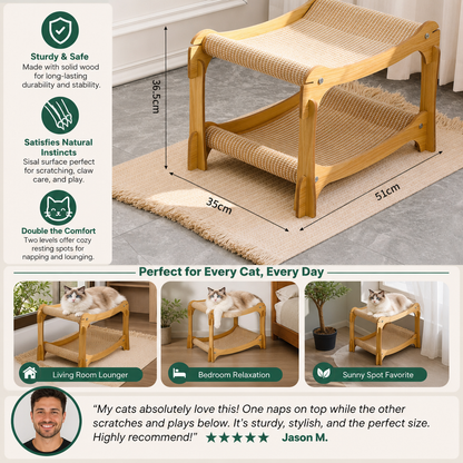 Wooden Double-Decker Cat Play & Lounge Bed with Sisal Scratching Ramp and Hanging Toys