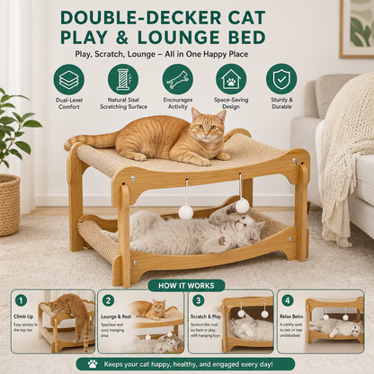 Wooden Double-Decker Cat Play & Lounge Bed with Sisal Scratching Ramp and Hanging Toys