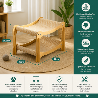 Wooden Double-Decker Cat Play & Lounge Bed with Sisal Scratching Ramp and Hanging Toys