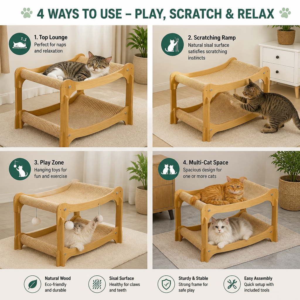 Wooden Double-Decker Cat Play & Lounge Bed with Sisal Scratching Ramp and Hanging Toys