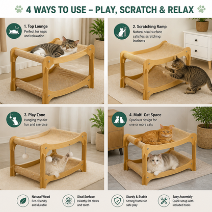 Wooden Double-Decker Cat Play & Lounge Bed with Sisal Scratching Ramp and Hanging Toys