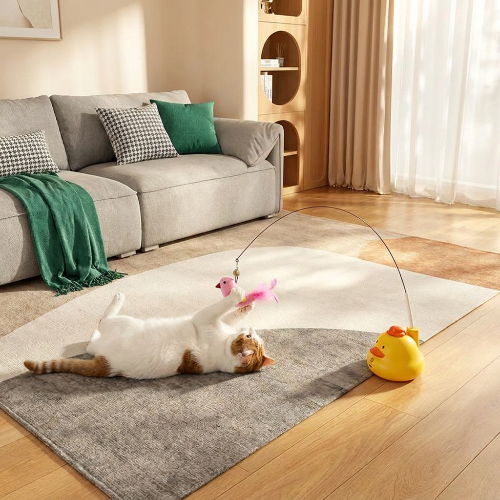 Interactive Duck Wand Cat Toy with Moving Feather and Fun Chase Play
