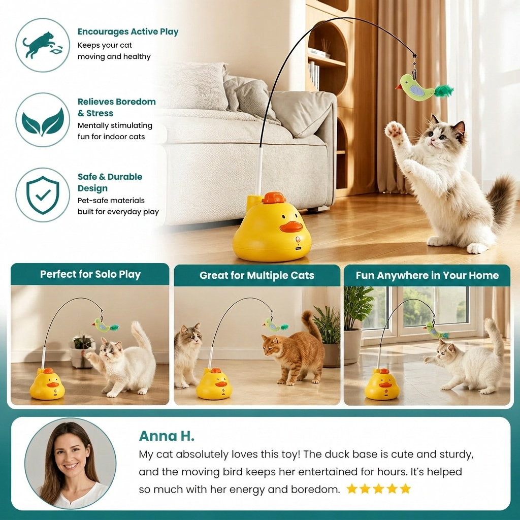 Interactive Duck Wand Cat Toy with Moving Feather and Fun Chase Play