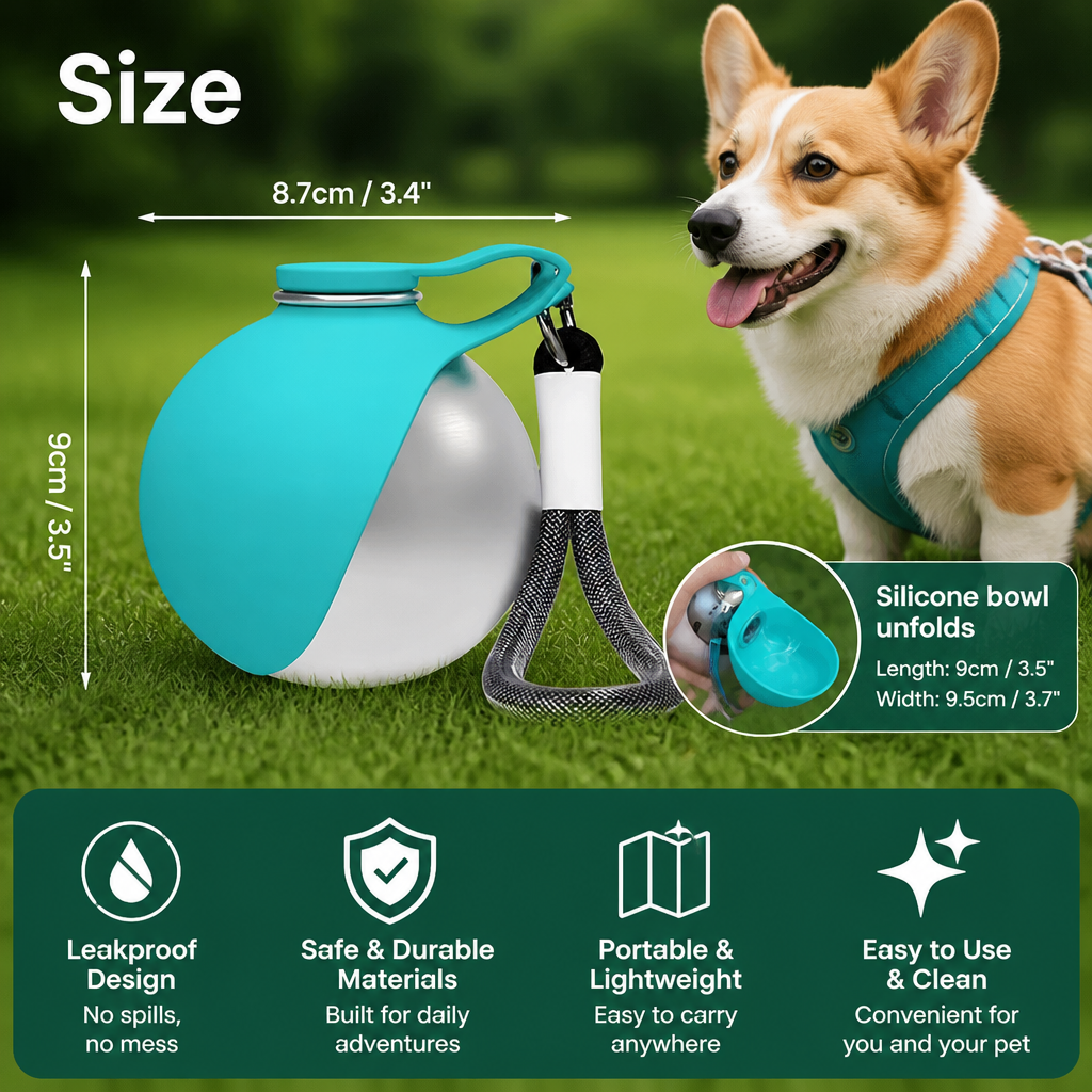 Sphere 2-in-1 Dog Water Bottle with Silicone Bowl – Leakproof Travel Bottle