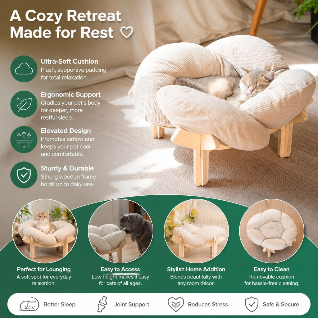 Luxury Elevated Wooden Flower Pet Bed with Plush Cushion