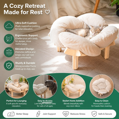 Luxury Elevated Wooden Flower Pet Bed with Plush Cushion