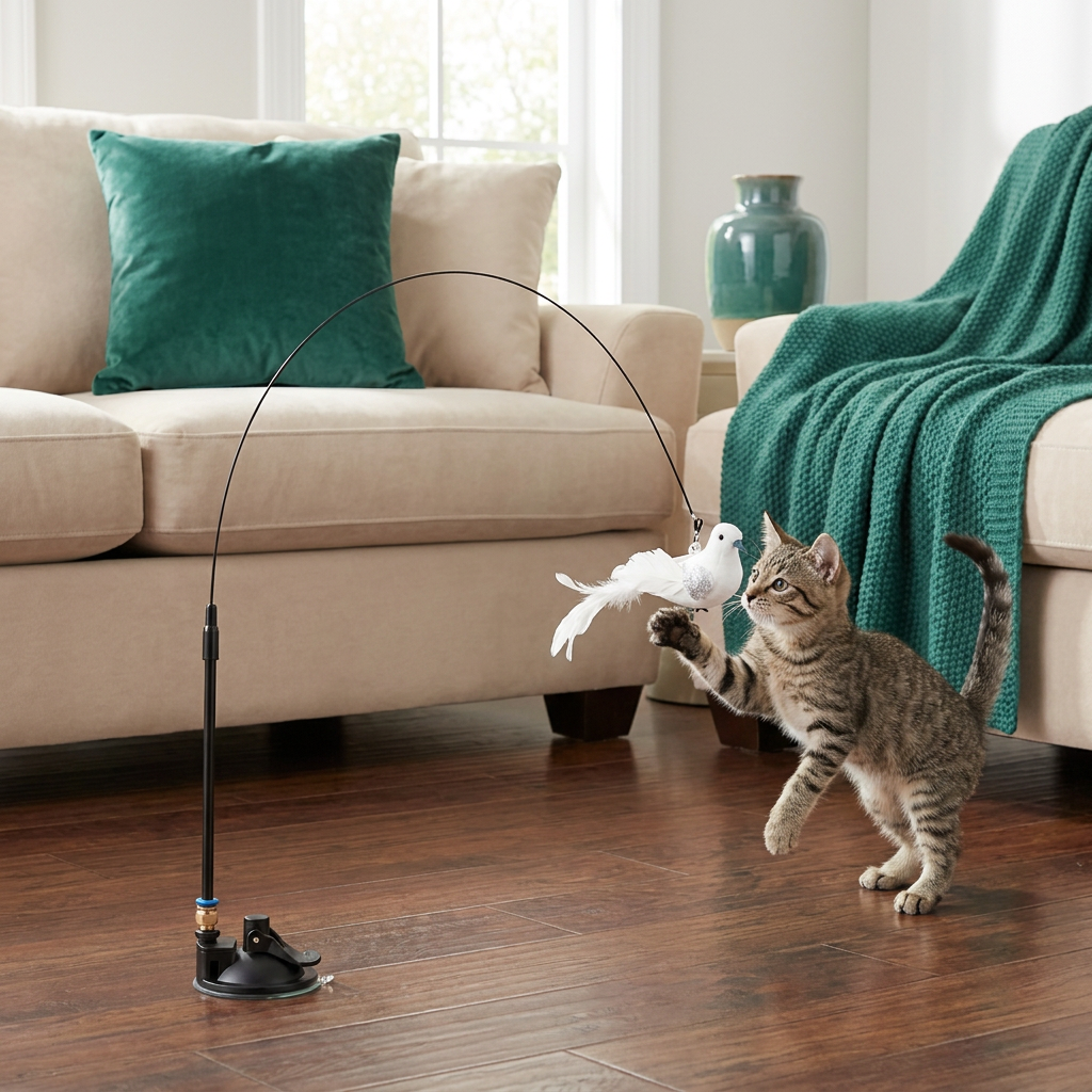 Hands-Free Interactive Cat Wand Toy with Natural Feathers & Suction Cup